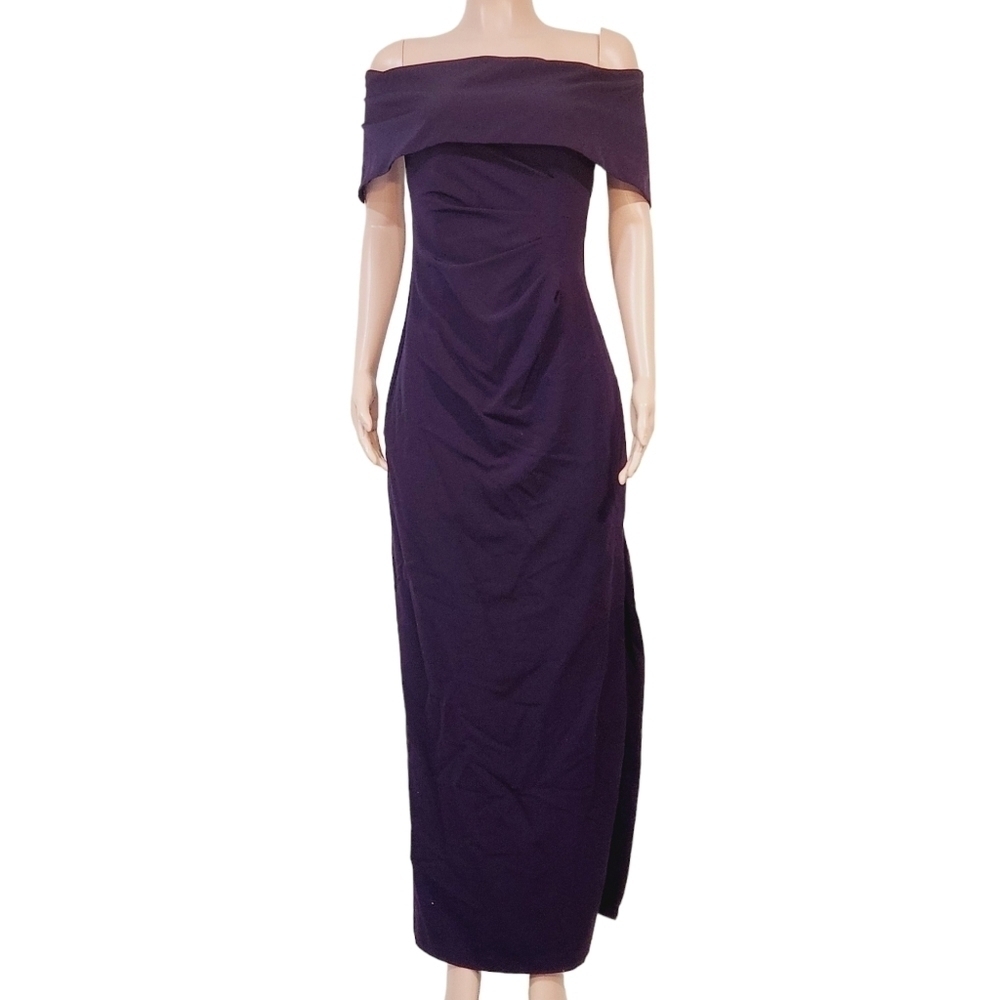 MARINA Off-The-Shoulder Foldover Gown Ruched Maxi Dress Dark Purple Size 4